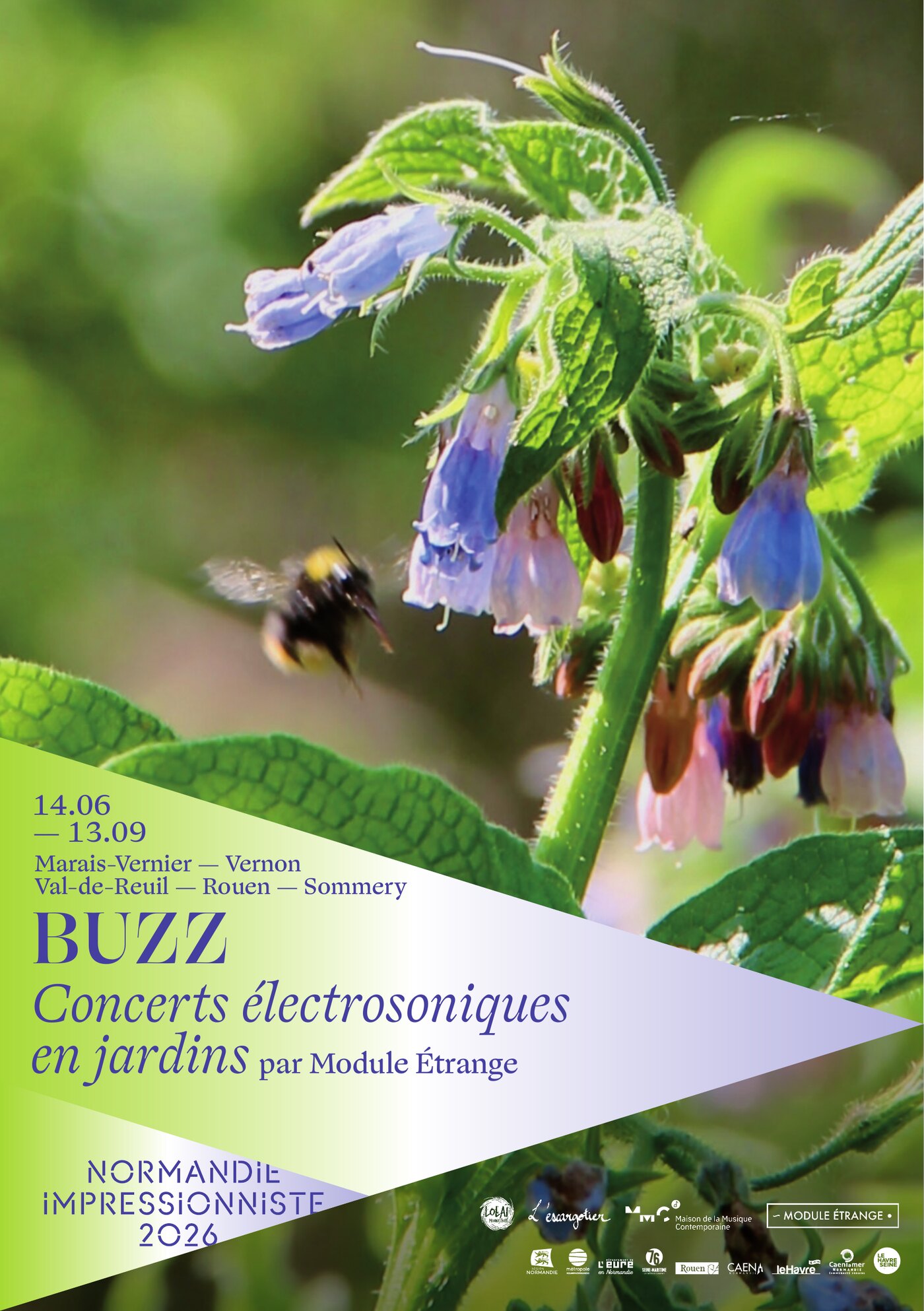 BUZZ — Concerts électrosoniques en jardins par Module Étrange. Du 14.06 au 13.09 : Marais-Vernier, Vernon, Val-de-Reuil, Rouen, Sommery. Normandie Impressionniste 2026.